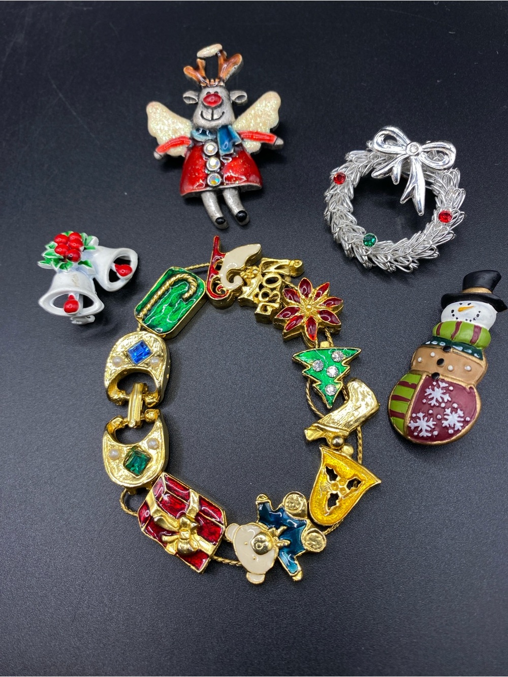 Christmas Jewelry Bundle Brooches & Bracelet Bells Wreath Snowman Holiday